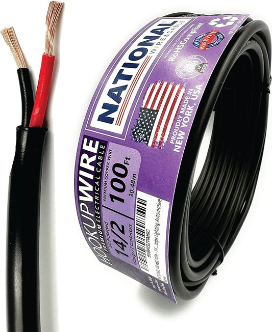 NATIONAL Wire & Cable – 14 AWG 2-Conductor Premium Copper Wire, 100 ft, Stranded | Made in USA, Heavy-Duty Flexible Jacket | Automotive, Low Voltage, LED, Lights, DIY, Indoor and Outdoor Use