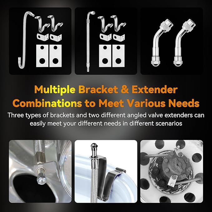 Dually Valve Stem Extenders Kit, Stainless Steel Braided Valve Stem Extension fits 16" to 19-1/2" Dual Wheels Tire Valve Extension for Most Cars Motorhome RVs Trailers Trucks