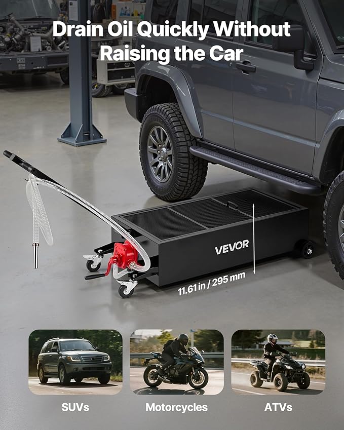 VEVOR Low Profile Oil Drain Pan, 25 Gallon Capacity, Rolling Oil Drain Pan with Manual Pump, 7.2 ft Hose & T Folding Handle, Leak-Proof & Corrosion-Resistant, Fit for Cars, SUVs, Trucks, ATVs, Black