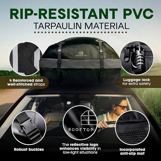 15 Cubic Ft Car Rooftop Soft Shell Cargo Carrier, 100% Waterproof - Car Storage for All Vehicle with/Without Racks - Attached Anti Slip Mat, Storage Bag, 4 Door Hooks & Straps, Lock