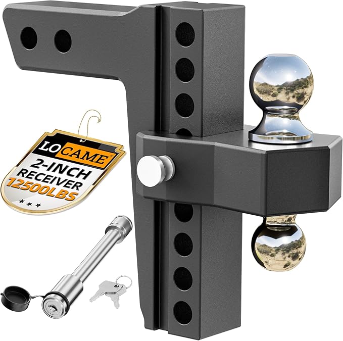LOCAME Adjustable Trailer Hitch, Fits 2-Inch Receiver, 8-Inch Drop/Rise Aluminum Drop Hitch,12,500 LBS GTW-Tow Hitch for Heavy Duty Truck with Double Stainless Steel Locks, Black, LC0018