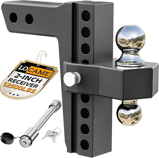 LOCAME Adjustable Trailer Hitch, Fits 2-Inch Receiver, 8-Inch Drop/Rise Aluminum Drop Hitch,12,500 LBS GTW-Tow Hitch for Heavy Duty Truck with Double Stainless Steel Locks, Black, LC0018