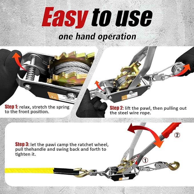 Come Along Winch Heavy Duty, 7FT 2T Come Along Pulling Tool 2 Gears 2 Hooks, Cable Winch Puller, Come Along Power Puller Ratchet Tool for Construction Automotive Farm Fences