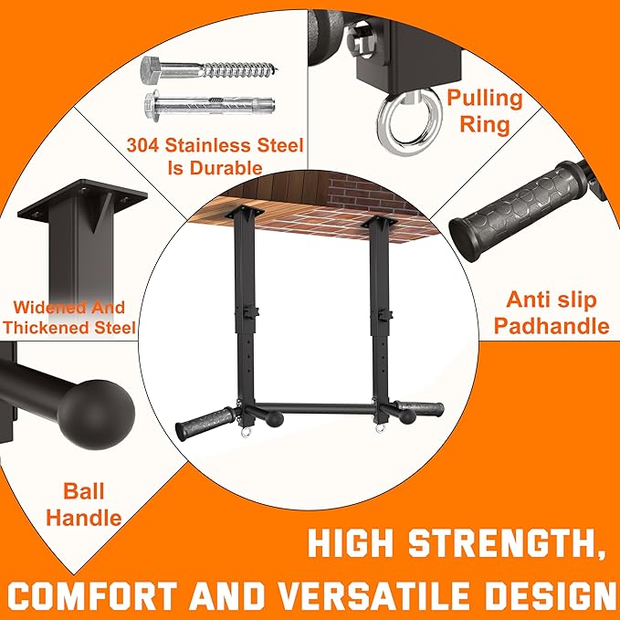 Ceiling Mount Pull Up Bar for Garage/Basement/Rafter - Heavy Duty 800LBS Adjustable Height Multi-Grip Chin Up Bar,Ceiling Joist/Beam Mounted Pull-Up Bar with Ball Finger & Round Anchors