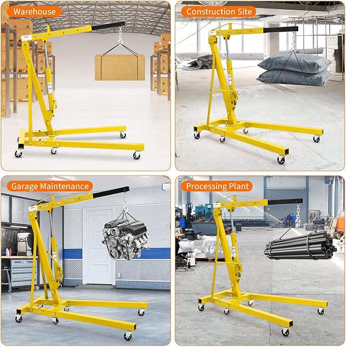2-Ton Folding Engine Hoist Cherry Picker 4400 Lb Capacity Hydraulic Shop Crane with Telescoping Boom 6 Caster Wheels for Automotive Repair Garage Use Includes Hitch and Storage Stand Yellow