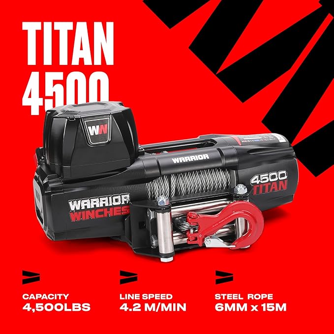 Warrior Winches - Titan 4,500lb Steel Cable Electric Winch – 12V, 3.4HP Motor, 166:1 Planetary Gear, Wired/Wireless Remote, Manual Clutch, Spring Brake, ATV/UTV Winch