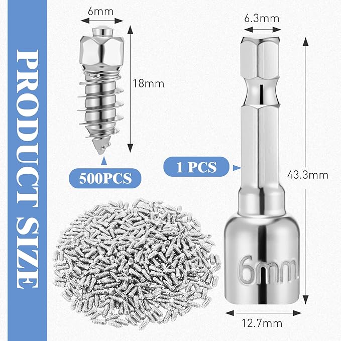 500pcs 6x18mm Carbide Screw Tire Studs Anti Slip Snow Tire Studs Wheel Tyre Anti Ice Snow Spikes for SUV/tractor/ATV/UTV/motorcycle, with Installation Tool