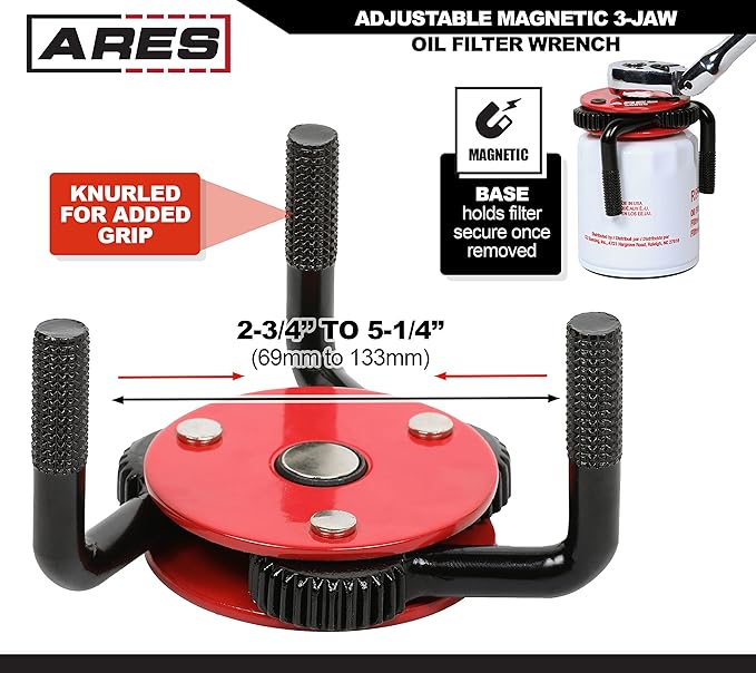 ARES 56059 – Large Size Adjustable Magnetic 3-Jaw Oil Filter Wrench – Fits Spin-On Oil Filters from 2-3/4-Inch to 5-1/4-Inch Diameters – Includes 3/8 Inch to 1/2 Inch Drive Adapter – Magnetic Base