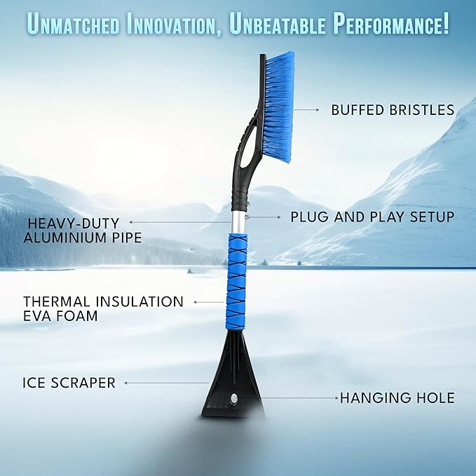 EcoNour 27" Aluminum Car Snow Scraper and Brush | Weaved Bristle Head with Metal Body Ice Scraper for Car Windshield | Tough Show Shovel with Ergonomic Foam Grip Winter Accessory