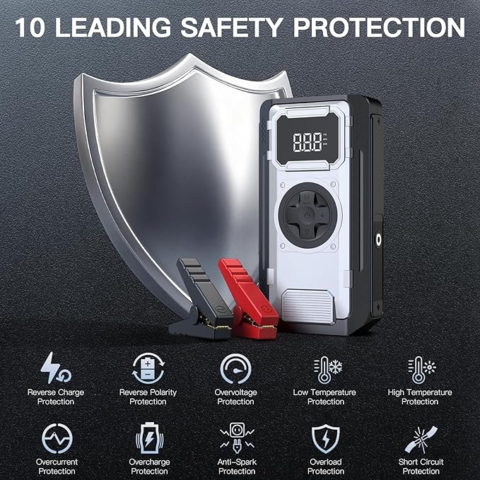 Portable Car Jump Starter with Air Compressor,5000A 150PSI Car Battery Jump Starter (10.0L Gas/8.0L Diesel Engines),12V Pack Jump Box with Large Digital Display