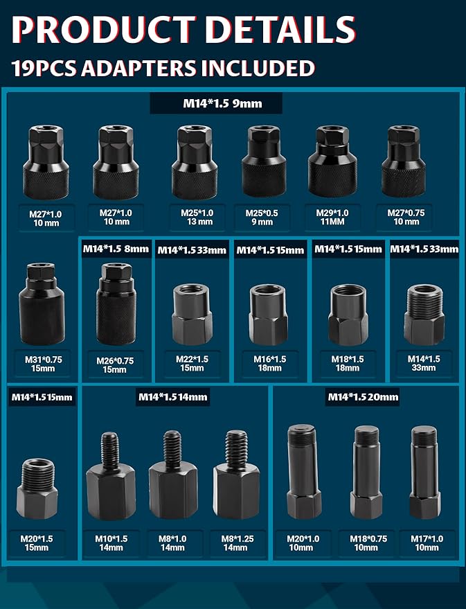 Pneumatic Injector Puller - Heavy Duty Engine Puller Tool for Diesel & Gas Injectors, Universal Fit with Adapters (23pcs)