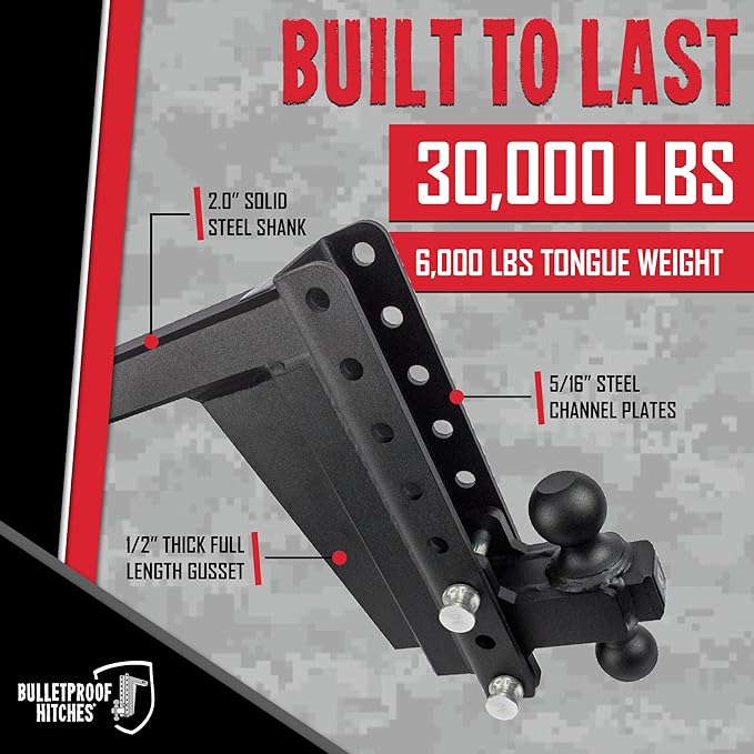 BulletProof Hitches - 2.0" Adjustable Extreme Duty Trailer Hitch (30,000 lb. Rating) - 10" Drop/Rise with 2" and 2 5/16" Dual Ball - Powder Coat, Solid Steel, Corrosion-Resistant