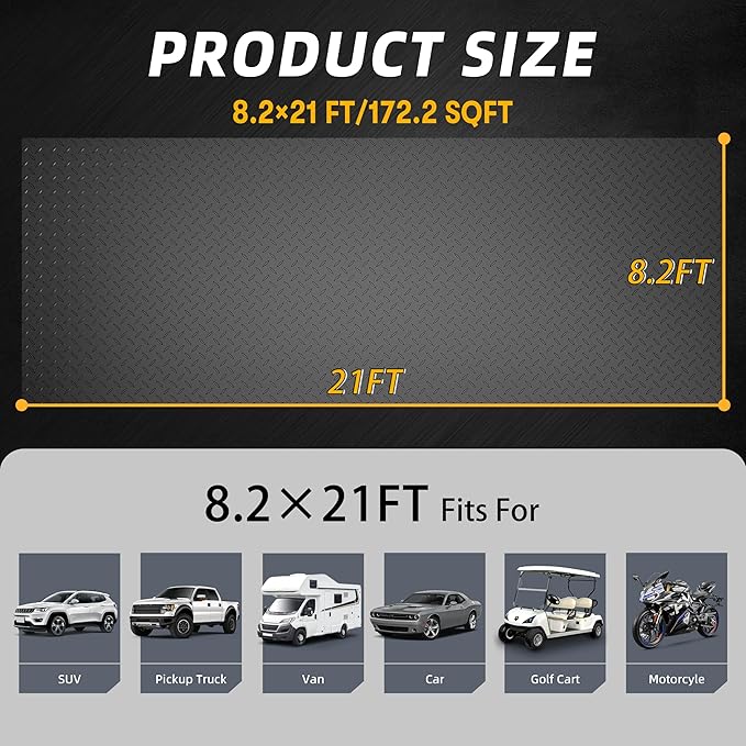 8.2x21 FT Garage Floor Mat, 2.8mm Thickened Diamond Plate PVC Garage Flooring Roll for Under Car Parking, Heavy Duty Garage Floor Protector 172.2 SQFT for Garage, RV Trailer, Basement, Black