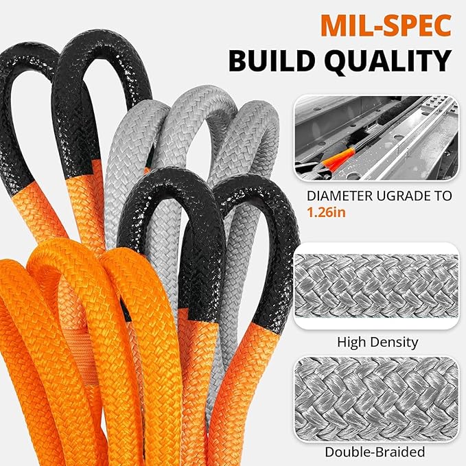 Kinetic Recovery Tow Rope: 1.26" x 30ft Snatch Strap with Soft Shackles Heavy Duty Offroad Towing Straps Kit for Trucks SUV UTV ATV Tractor Car Jeep - Orange