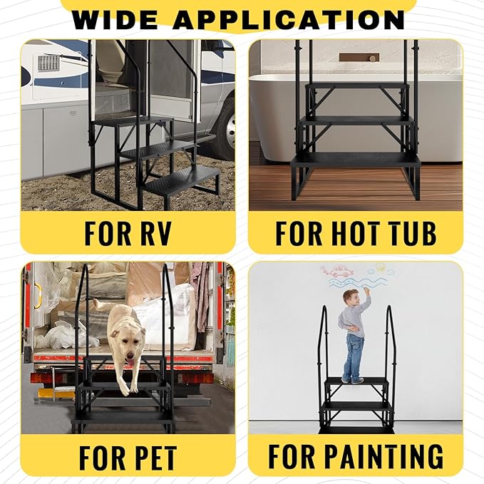 RV Steps with 2 Handrails, Hot Tub Steps Outdoor, 3 Step Ladder Stool, RV Stairs with Anti-Slip Panel, Camper Steps for Spa, Travel Trailers, Pool and Porch