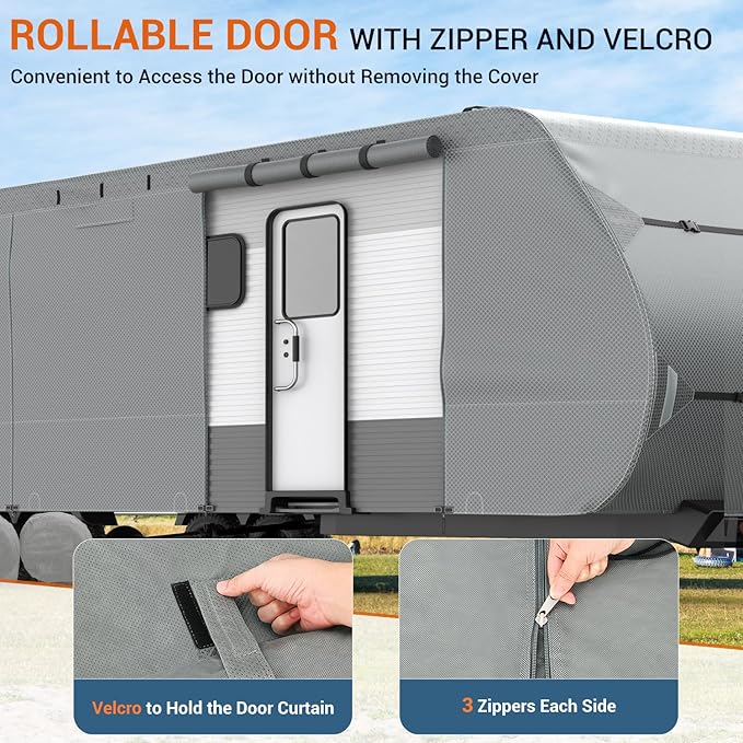 RV Cover Vigorvan Upgrad 7 Layers Top Camper Cover Windproof Travel Trailer Cover for 20-22FT RV, Toy Hauler Cover with Tongue Jack Cover, Extra Windproof Ropes, Gutter Covers