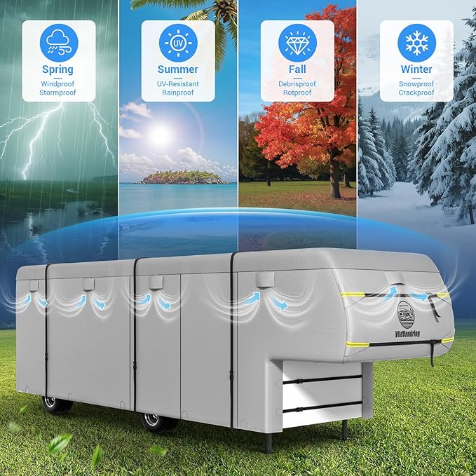 Heavy Duty Travel Trailer 5th Wheel RV Cover 41-45ft, 8 Layers Breathable Waterproof Rip-Stop Camper Cover with Adhesive Repair Patches, Gutter, Tire & Additional Straps