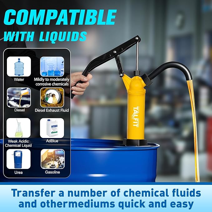 Lever Action Barrel Pump,55 Gallon Drum Pump, For Fuels, Chemicals, Corrosive Liquids, Water Based Fluids, Fits 5 to 55 Gallon Drums & Barrels (Reinforced PP - High Corrosion Resistance)