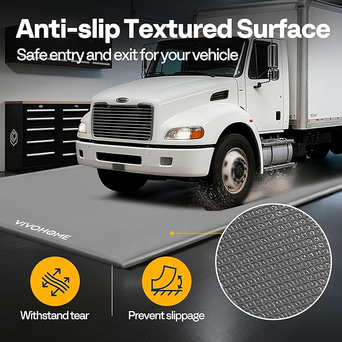 VIVOHOME Containment Mat (8'6" x 20') with Stay Put Corner, PVC Garage Floor Mats, Heavy Duty Garage Parking Mat with a Squeegee, Gray