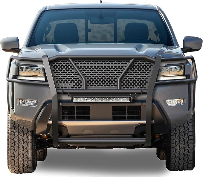 Black Horse Rugged Heavy Duty Grille Brush Bumper Guard Modular Black Come with Single Row LED Light Compatible with 2022-2024 Nissan Frontier-RU-NIFR22-B-K2
