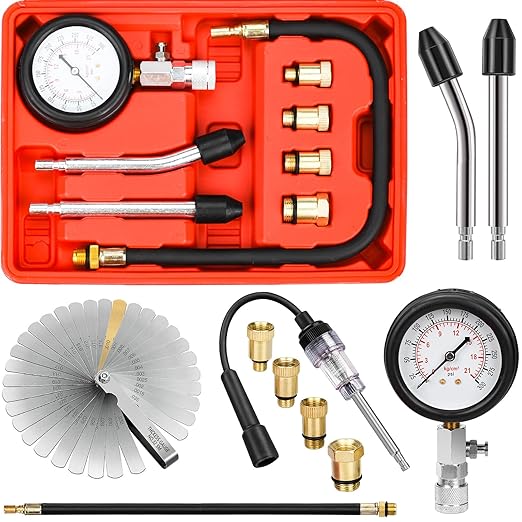 10 Pieces Engine Compression Tester kit with Spark Plug Tester and Metric Imperial Feeler Gauge for Automotives Car Motorcycle Truck with M10 M12 M14 M18 Adapters ﻿