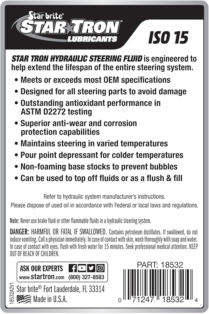 Star Tron Premium Synthetic Blend Hydraulic Steering Fluid, ISO 15, Marine-Grade