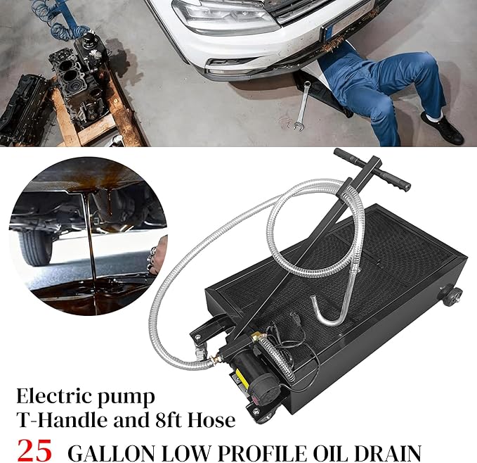 25 Gallon Oil Drain Pan with Electric Pump, Low-Profile Oil Pans for Changing Oil, T-Handle and J-Hook Makes Drain Easier, Black