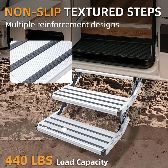 RV Steps, 2-Step, Manual Retractable RV Steps, 400 LBS Load Capacity, Foldable Aluminum Alloy Camper Steps, Thickened Steel Plate Trailer Steps, Non-Slip Design, Ideal for RV, Trailer, Camper