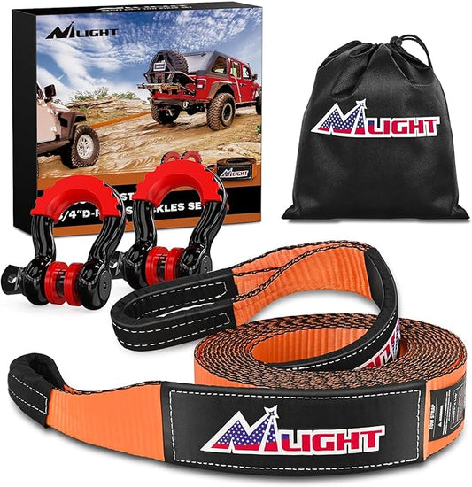 Nilight 3" x 30' Recovery Tow Strap Kit with 2Pcs 3/4" Anti-Theft D-Ring Shackles and Storage Bag Heavy Duty Off Road Emergency Tow Rope for Car Truck SUV ATV (MBS 31500LBS)