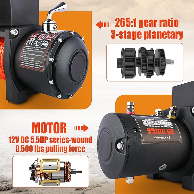 ZESUPER 9500 lb Load Capacity Electric Winch,12V Waterproof IP68 Winch with Wireless Handheld Remotes, Wired Switch,Hawse Fairlead, 80ft Synthetic Rope Winches for Jeep Trailer Truck Off-Road Vehicle