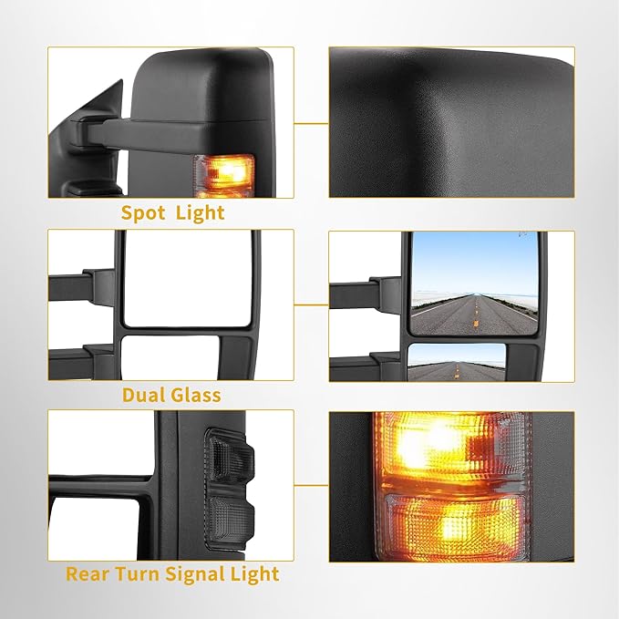 DWVO Extendable Towing Mirrors for Ford F250 F350 F450 F550 Super Duty 1999-2007 & Excursion 2001-2005 - Power Heated with Smoke Signal Lights, Dual Arm Telescoping Design