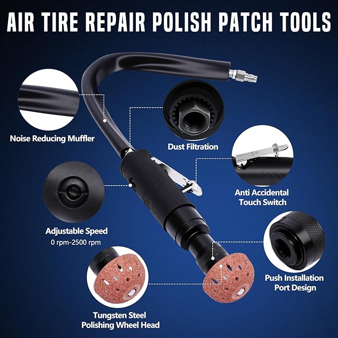 Air Tire Repair Polish Patch Tools, Includes 2500 RPM Low Speed Air Tire Buffer, Inner Liner Scraper, Patch Roller, Tungsten Steel Buffing Wheel with 3 Connector for Tire Grinding Polishing