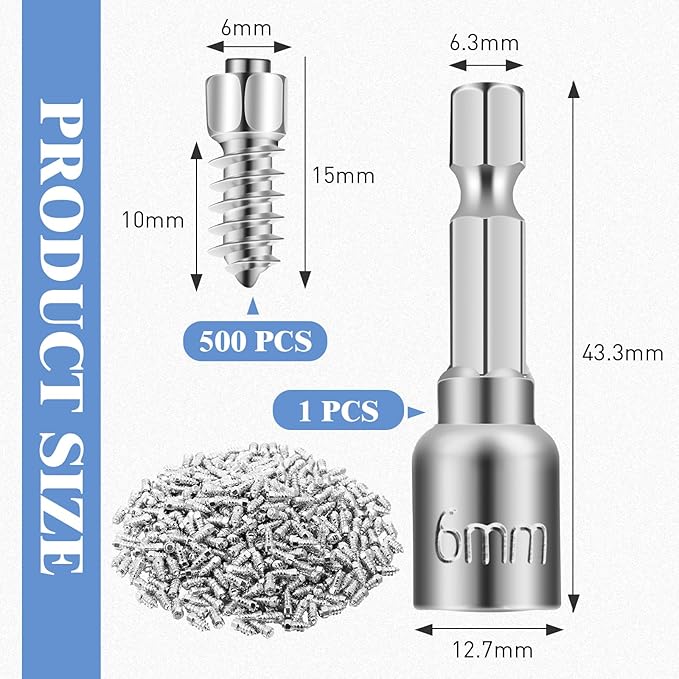 500pcs 6x15mm Carbide Screw Tire Studs Anti Slip Snow Tire Studs Wheel Tyre Anti Ice Snow Spikes for SUV/tractor/ATV/UTV/motorcycle, with Installation Tool