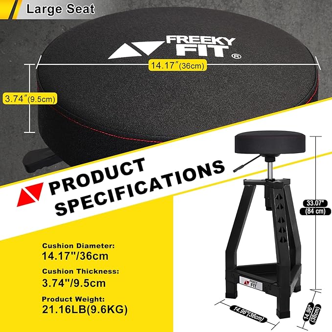 Adjustable Tall Shop Stool, Mechanic Garage Bar Stool Chair, Work Metal Chair for Workshop,360° Swivel Padded Seat, Tool Tray Storage, 350 LBS Capacity, Heavy Duty, Black