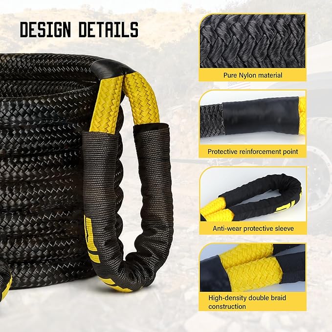 Kinetic Recovery Rope, 1 inch x 30 Feet Heavy Duty Kinetic Tow Ropes with 2Pcs Soft Shackles 30864 LBS Break Strength, Snatch Towing Strap Rope Kit for Offroad Vehicle Truck ATV UTV Car Tractor