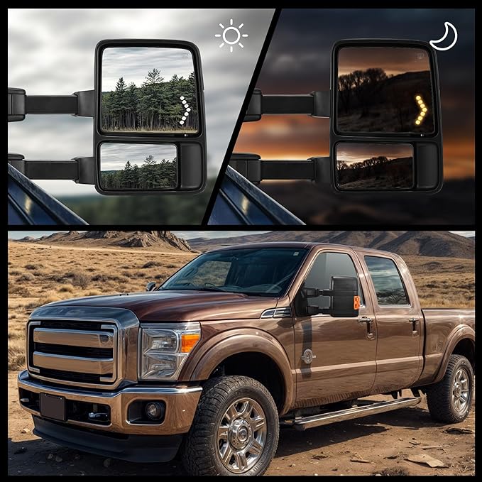 DWVO Towing Side Mirrors Compatible with 08-16 Ford F250 F350 F450 F550 Super Duty Mirror with Manual Telescoping Folding Heated Amber Turn Signal Light Power Pair Black