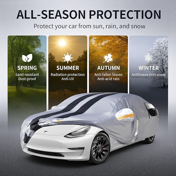 10 Layers Car Cover Custom Fit for Tesla Model 3 2017-2026 100% Waterproof All Weather Automobiles, Gift with Towel, Heavy Duty Car Covers for Rain Sun UV Protection with Door Zipper.