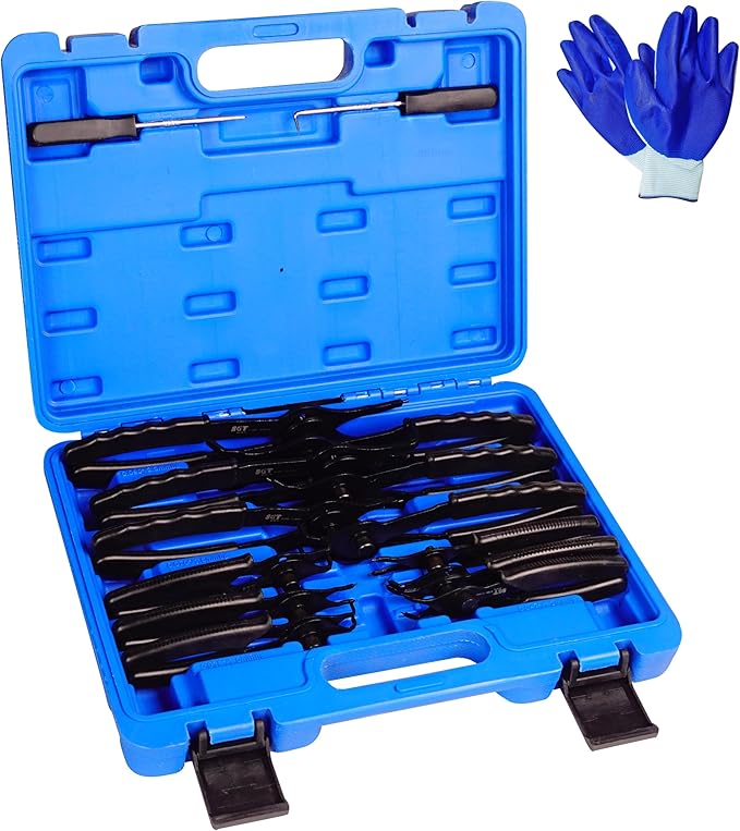 SGT 14pc Snap Ring Pliers Set,Internal & External Circlip Pliers with 45°/90° Bent and Straight Pliers, Hook & Pick,Heavy Duty Removal Tool with Storage Case & Gloves