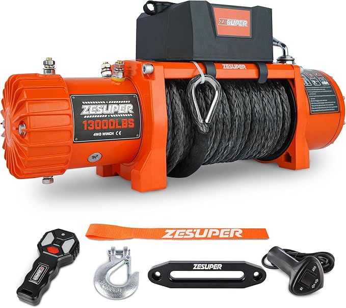 ZESUPER 12V 13000 lb Load Capacity Electric Winch Kit with Synthetic Rope, Wireless Remote and Corded Control,Waterproof IP68 Off Road Winch for Jeep,Truck,SUV