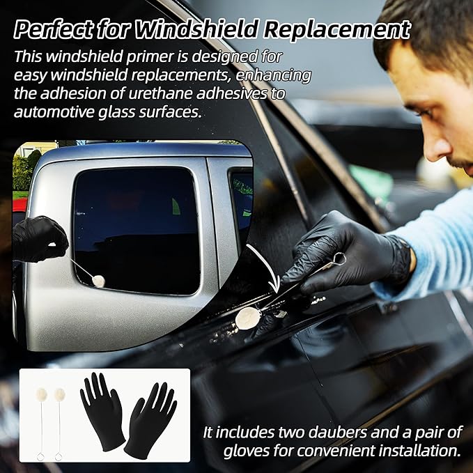 1 fl.oz Windshield Primer, Urethane Primer for Automotive, Promotes Adhesion of Polyurethane Sealants, UV Resistant, Fast Drying, with 1 Pair Gloves, 2 Applicator Sticks, Black