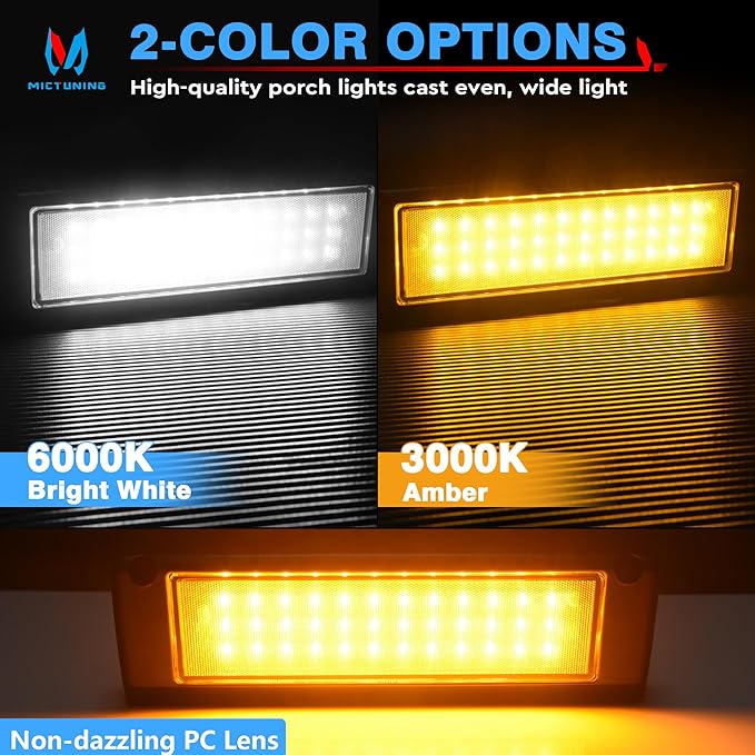 MICTUNING RV Porch Light, 9 Inch 54W Amber/White LED Exterior Utility Awning Light 6000K, Aluminum Housing IP67 Waterproof Replacement Lighting for Trucks, Trailers Bus Marine Boats Campers