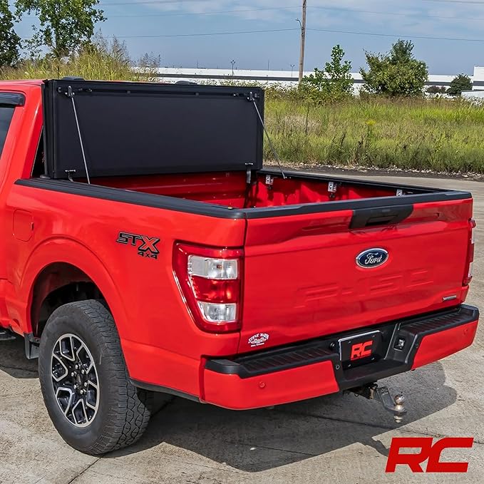Rough Country Hard Flip-Up Truck Bed Tonneau Cover for Ford F-150 (2015-2020) - Aluminum Tri-Fold Bed Cover