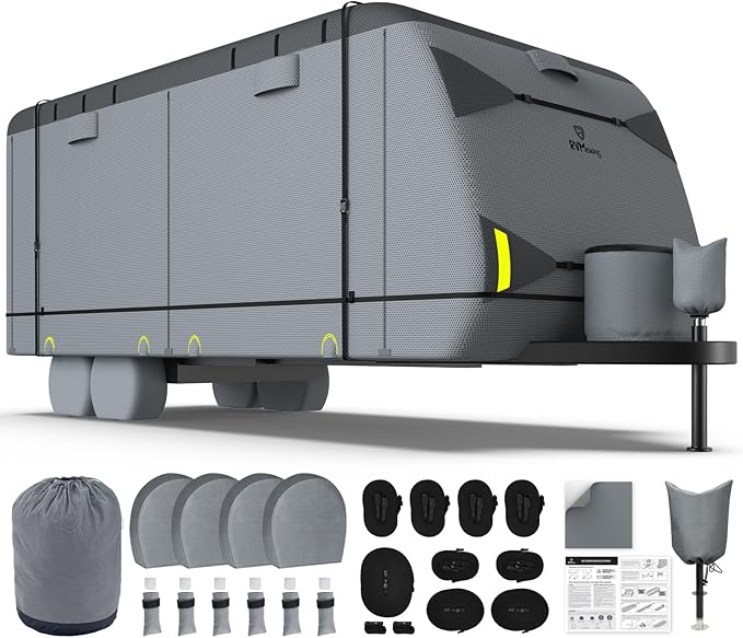 RVMasking Travel Trailer RV Cover 22-24ft, 7 Layers Extra-Thick Camper Cover Waterproof Windproof for Toy Hauler with 4 Tire Covers & Tongue Jack Cover & Propane Tank Cover, Dark Gray