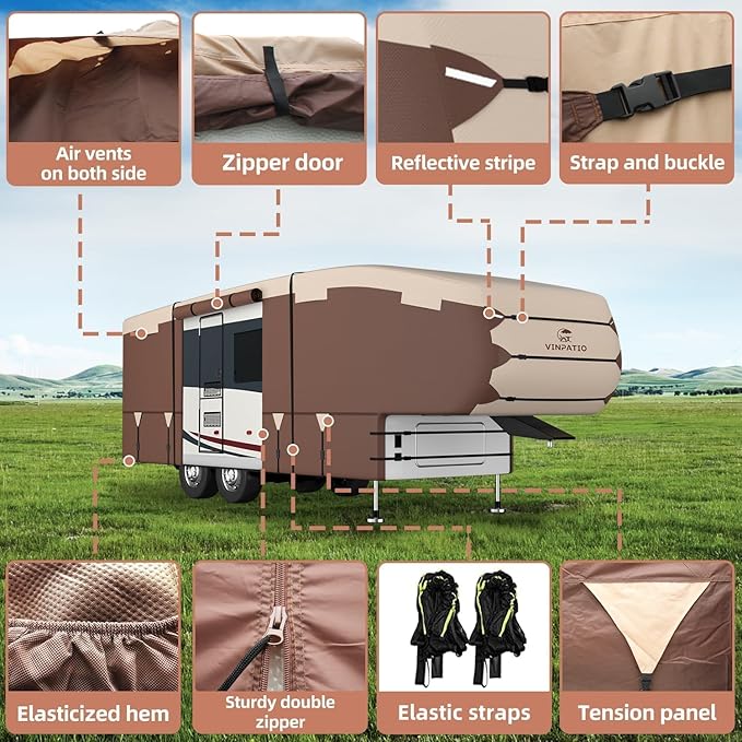 VINPATIO 5th Wheel Cover: Fits 28'-31' RV, 300D Oxford Fabric Two Color Design, Heavy Duty 5th Wheel RV Cover Anti-UV Waterproof Windproof, with Gutter Cover & 2 Pcs Extra Straps