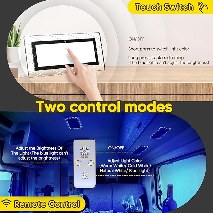 BlueFire 1800LM Bright LED RV Light Interior，DC12-30V Upgraded Brightness RV Ceiling Dome Lights, Dimmable Fixture with 4 Color Temperature for RV Camper Van Motorhome Boat Trailers (Large - 4 Pack)