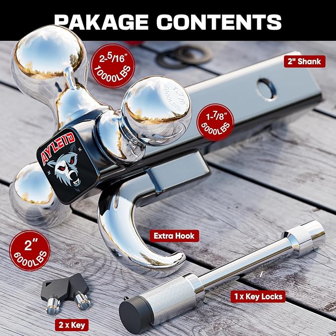Ayleid Trailer Hitch Tri-Ball Mount with Hook & Pin Balls Sized 1-7/8 , 2 & 2-5/16 inches , Tow Hitch with Anti-Theft Locking Pin, Silver