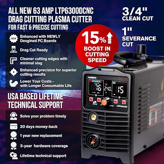 LOTOS LTP6300D 63AMP Non-Touch Pilot Arc Plasma Cutter, Drag Cut Enabled, 3/4" 19mm Clean Cut, 1" 25mm Severance Cut, Non-HF Arc Start Metal Cut Machine, Plasma Cutting Equipment, 110V/220V