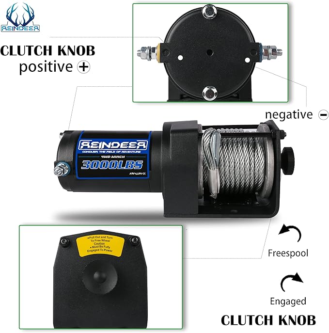REINDEER New 12V Winch 3000 lb Load Capacity Electric Winch Kit for ATV UTV Steel Cable Wire Rope with Hawse Fairlead Waterproof IP67 with Wireless Remotes