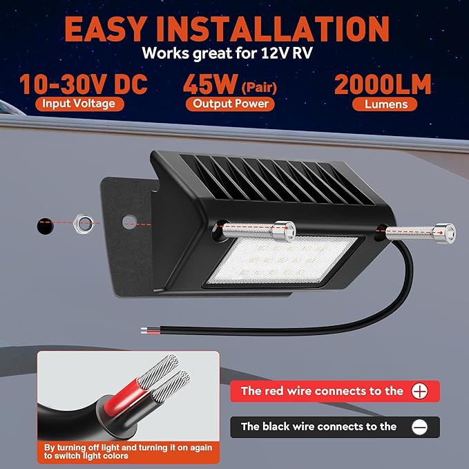 Aluminum RV LED Exterior Porch Light IP67 Waterproof - Dual Color Switchable White & Yellow 10-30V DC Low Current 5" Lighting Fixture 45W 2000LM for RV, Trailer, Camper-2 Pack