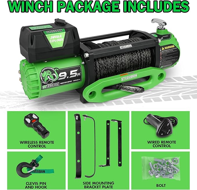 Winch 9500lb Electric Winch 12V Winch with Synthetic Rope Car Trailer Winch with Green Hawse Fairlead Wireless Remote and Wired Handle for Truck SUV Jeep